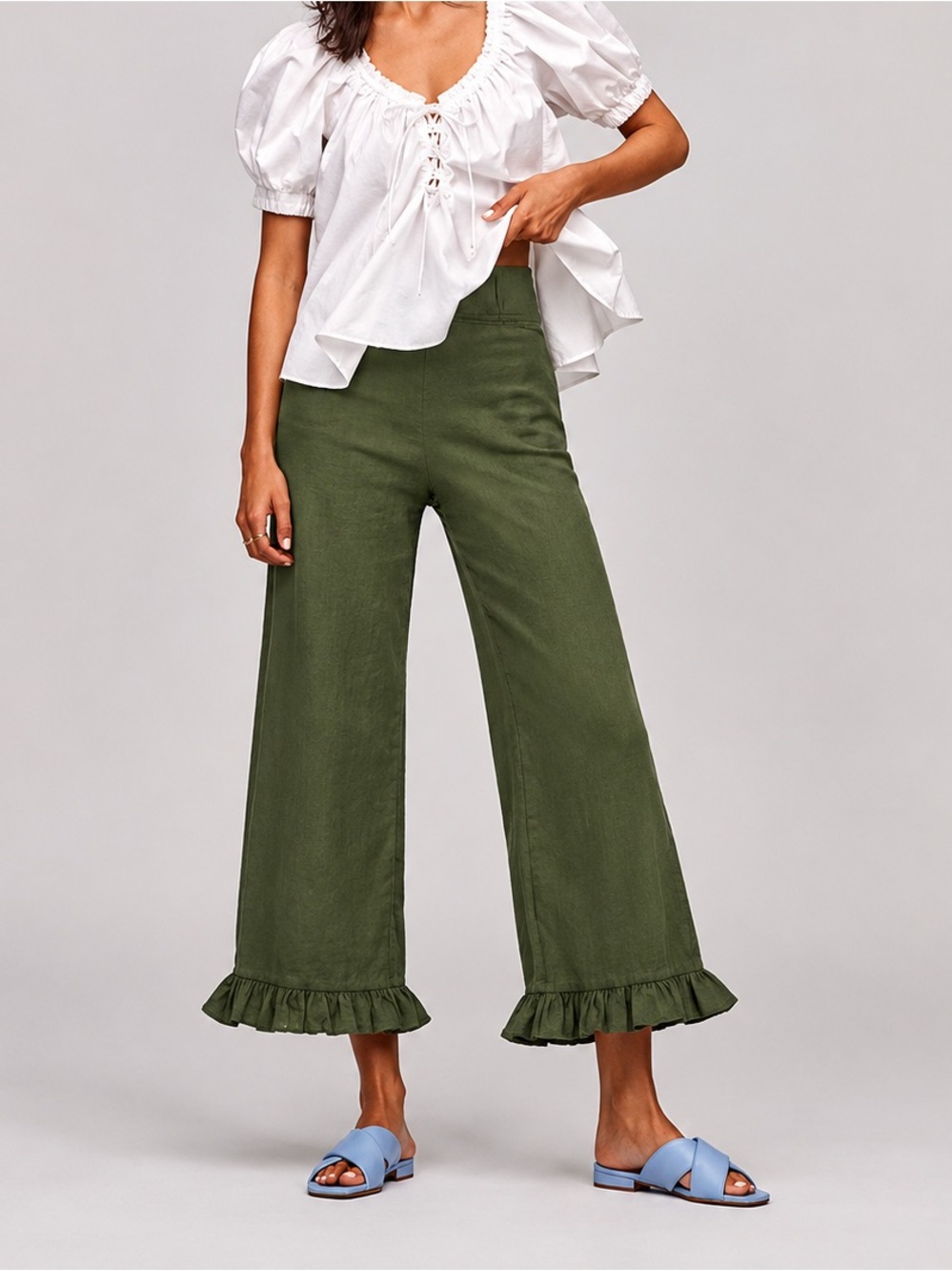 Anthropologie Olive Green Ruffle-Hem Cropped Pants